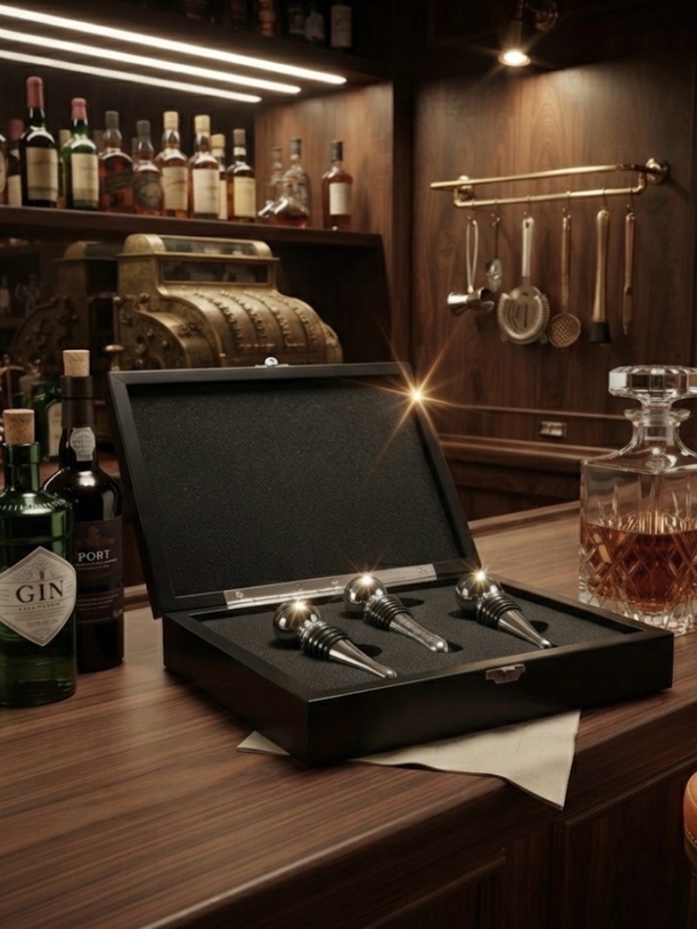 3 stainless steel wine stoppers in a wooden box!